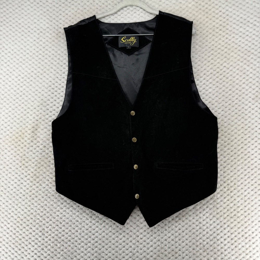 Scully Black Leather Vest Vintage Western California Gold Button L
